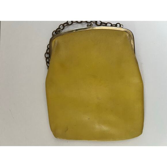 Vintage Yellow Soft Leather Handbag Gold Chain Handle JL - Picture 4 of 7